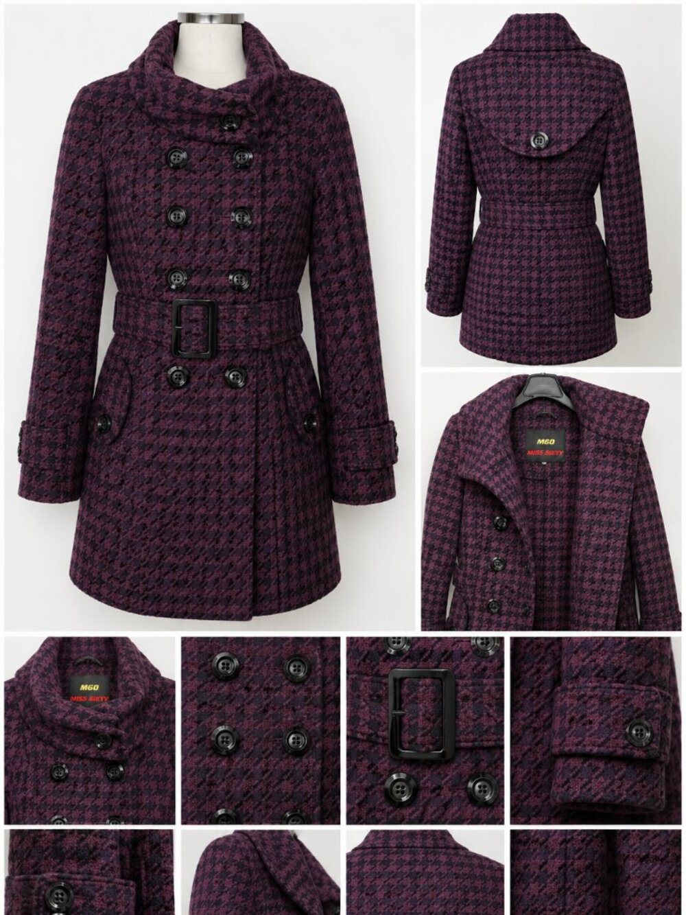 Miss Sixty Dark Purple Houndstooth Pea Coat Belted